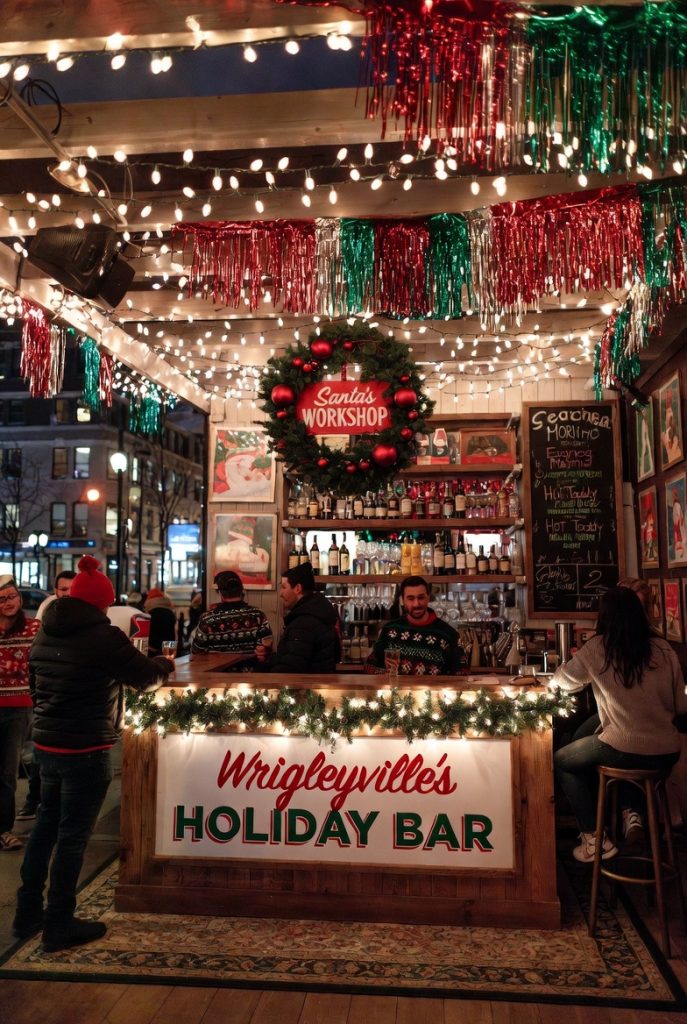 Holiday themed pop up bar in Wrigleyville with Christmas decorations