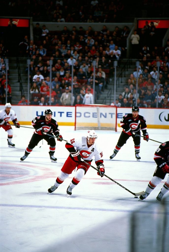 Hockey game at the United Center with players on the ice