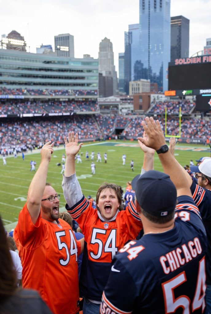 Football fans in Chicago Bears gear cheering at Soldier Field