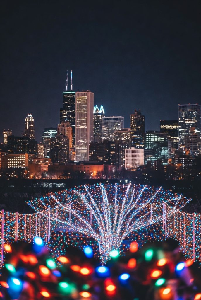Chicago skyline at night decorated with holiday lights in December