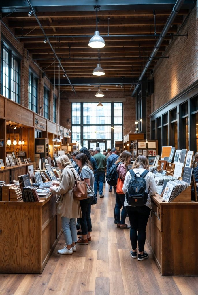 Shoppers browsing stalls at an indoor vintage and craft market in Chicago