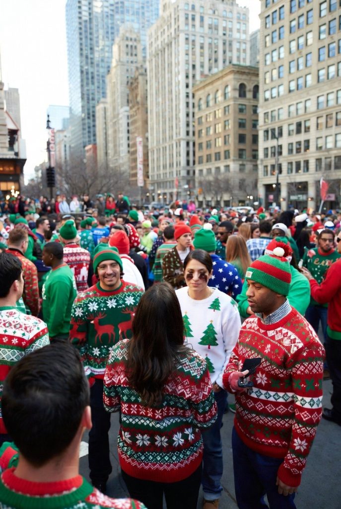 Crowd in ugly sweaters participating in a holiday bar crawl in Chicago