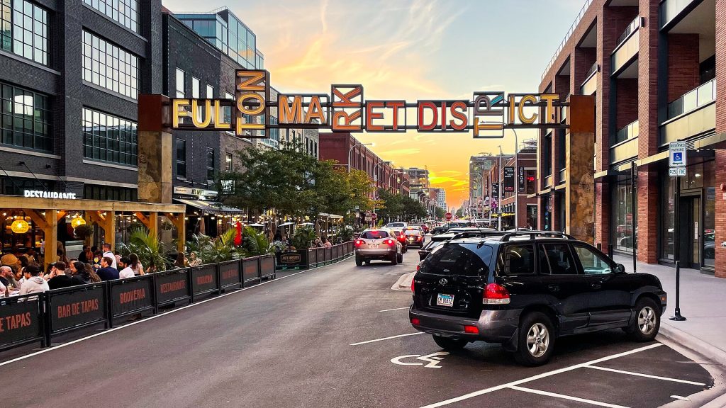 Fulton Market streetscape in Chicago, where Berenjak Chicago is opening at Soho House