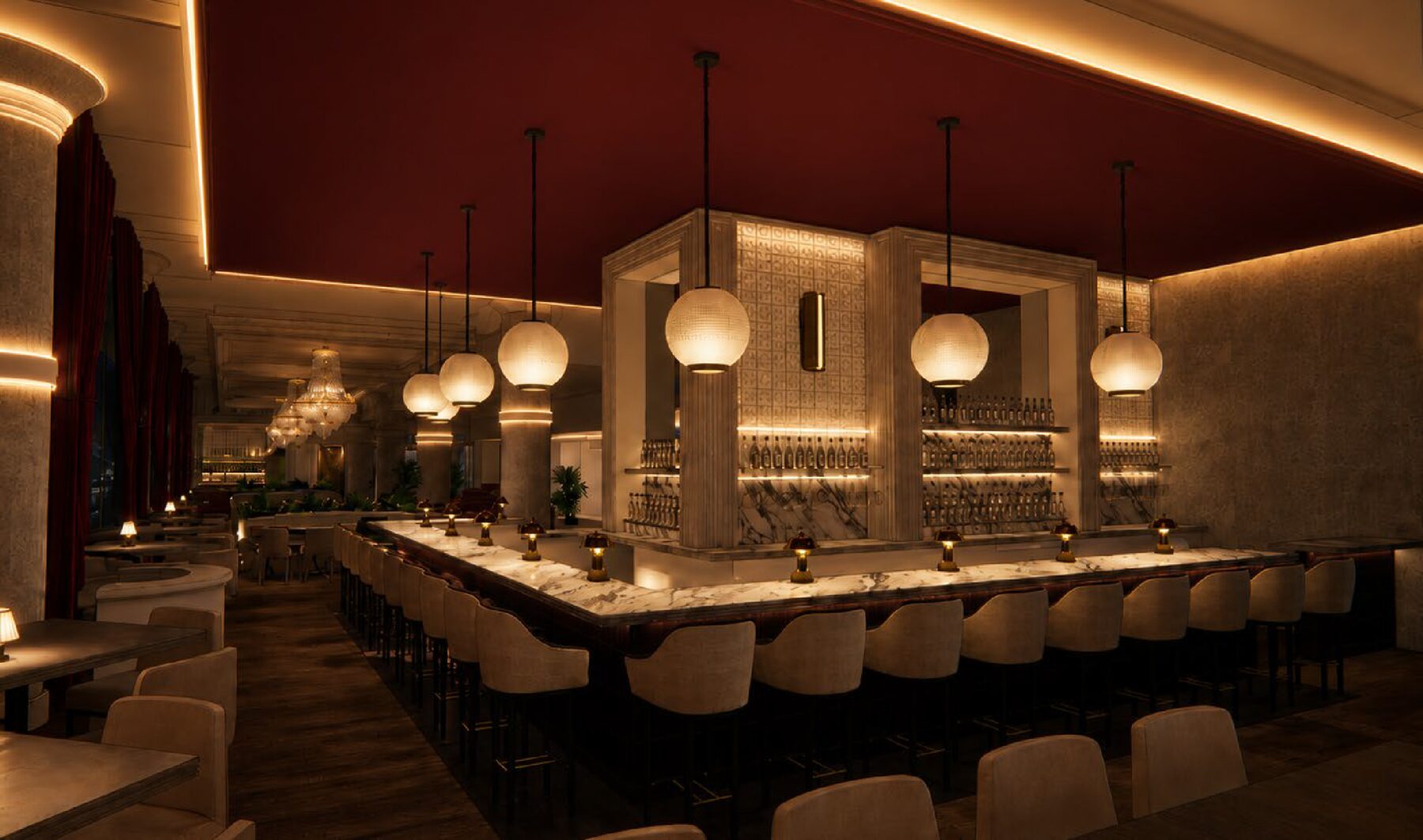 Carlyle Club riverfront bar and lounge at night in Reid Murdoch River North