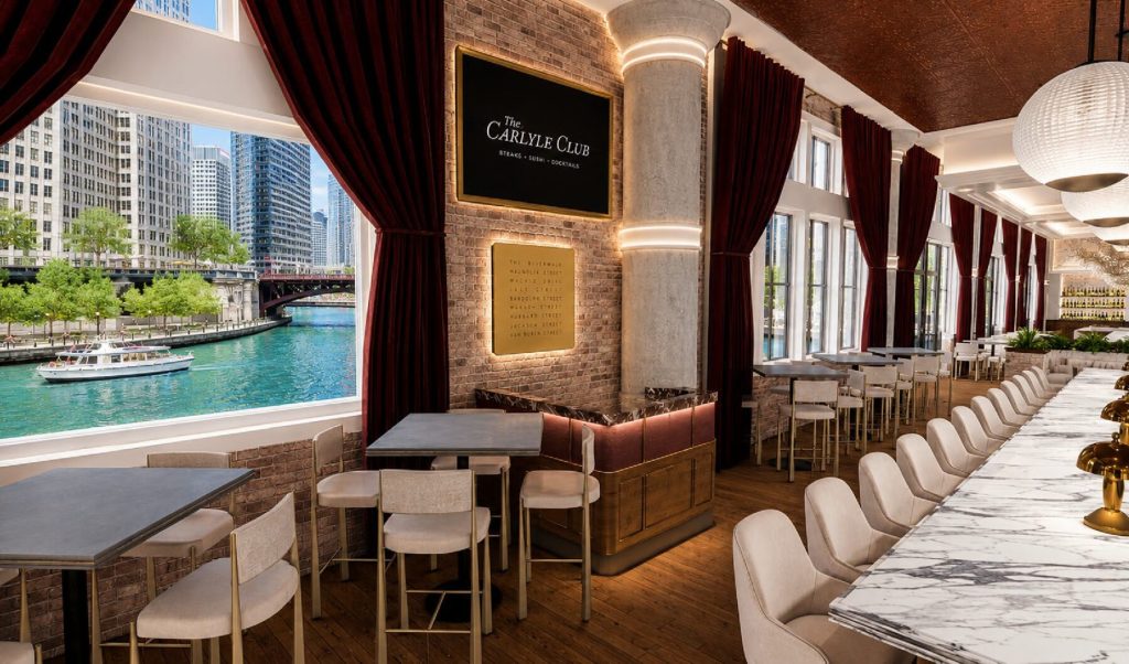 Carlyle Club Chicago bar and booths with Chicago River views inside Reid Murdoch