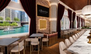 Carlyle Club Chicago bar and booths with Chicago River views inside Reid Murdoch
