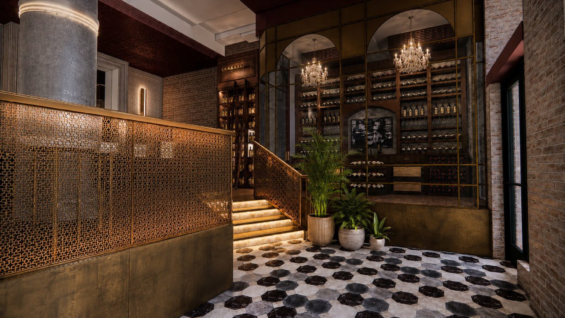 Carlyle Club Chicago entrance with brass screens and glassed wine display