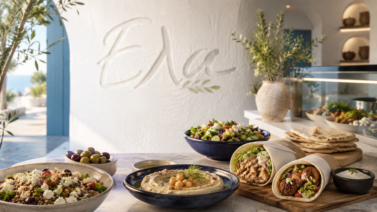Greek feast spread in front of Ela branded wall with hummus, wraps, and salads