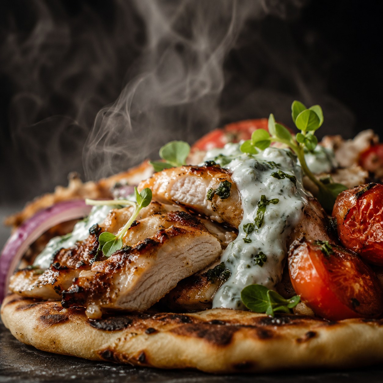 Grilled chicken on pita with roasted tomatoes and yogurt sauce