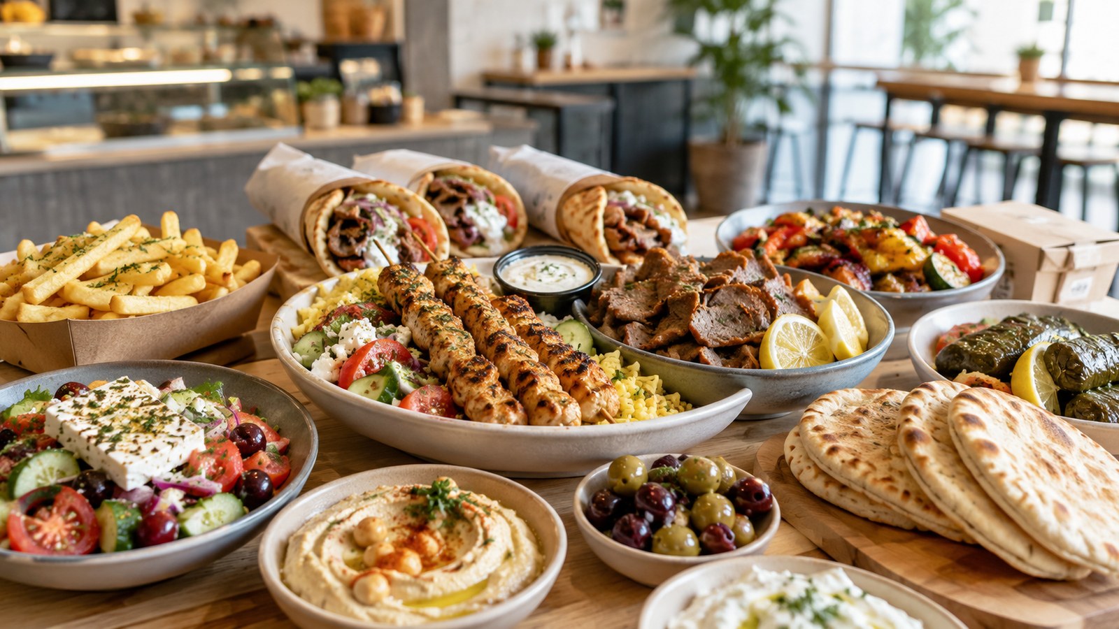 Table spread of Greek salads, hummus, souvlaki, gyro wraps, and pita at Ela Chicago