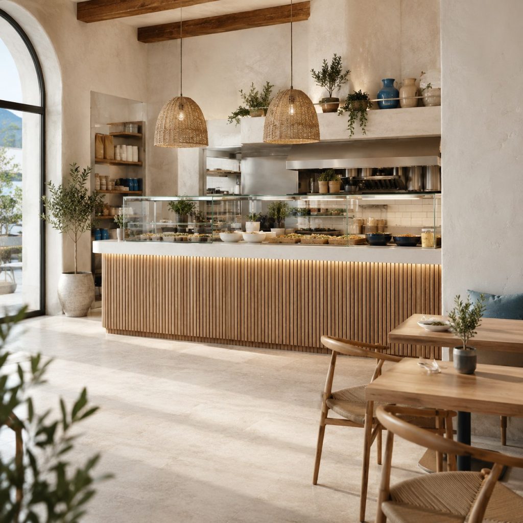Ela Chicago Old Town interior dining room with olive trees and service counter
