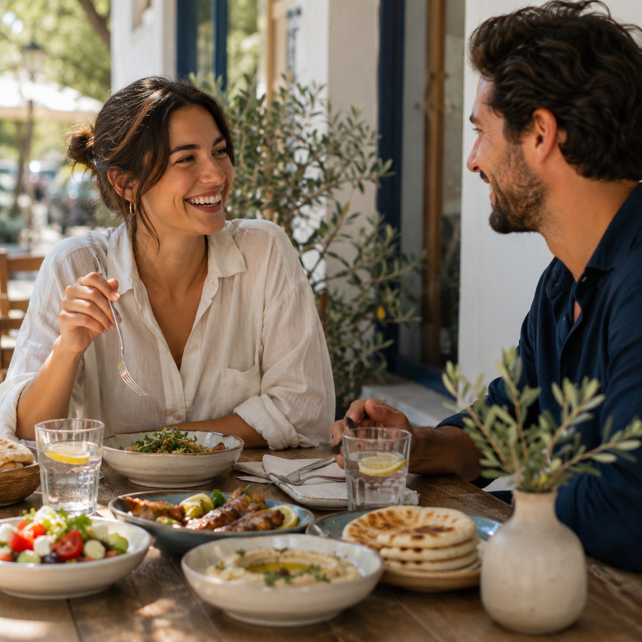 Guests sharing meze plates on a sunny patio at Ela Chicago