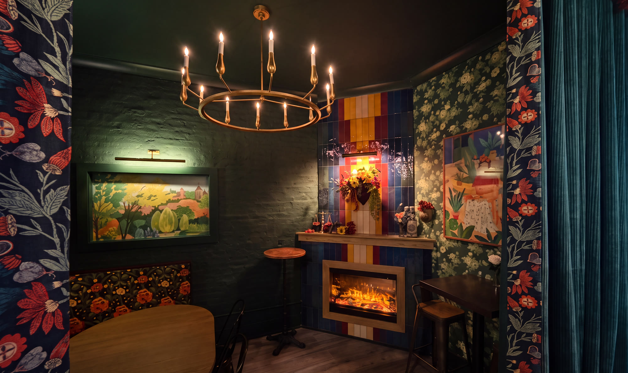De Colores Chicago chef table nook with colorful tiled fireplace in Andersonville
