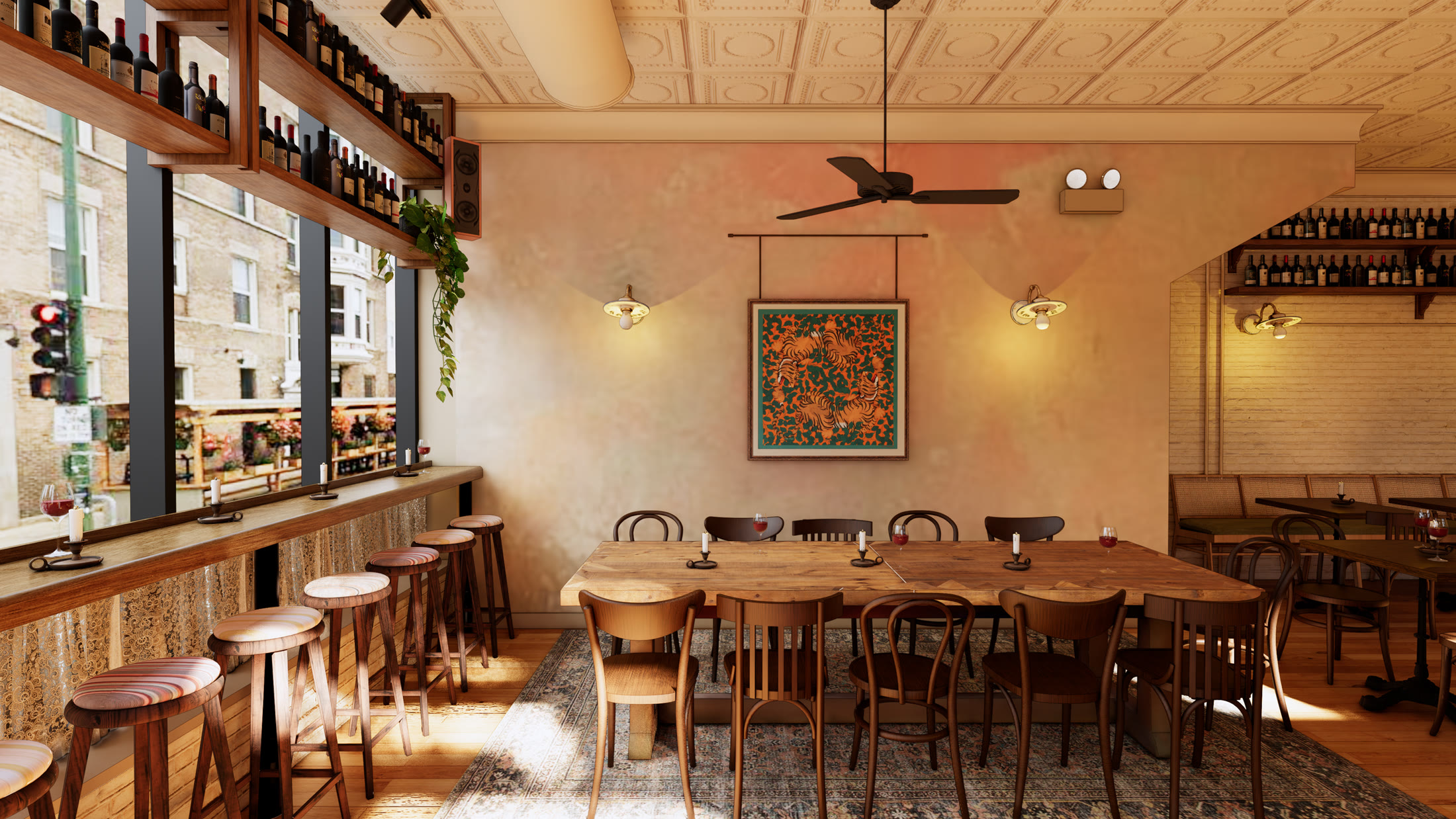 Taan Chicago Humboldt Park dining room with peach walls, communal table, window bar, and wine shelf