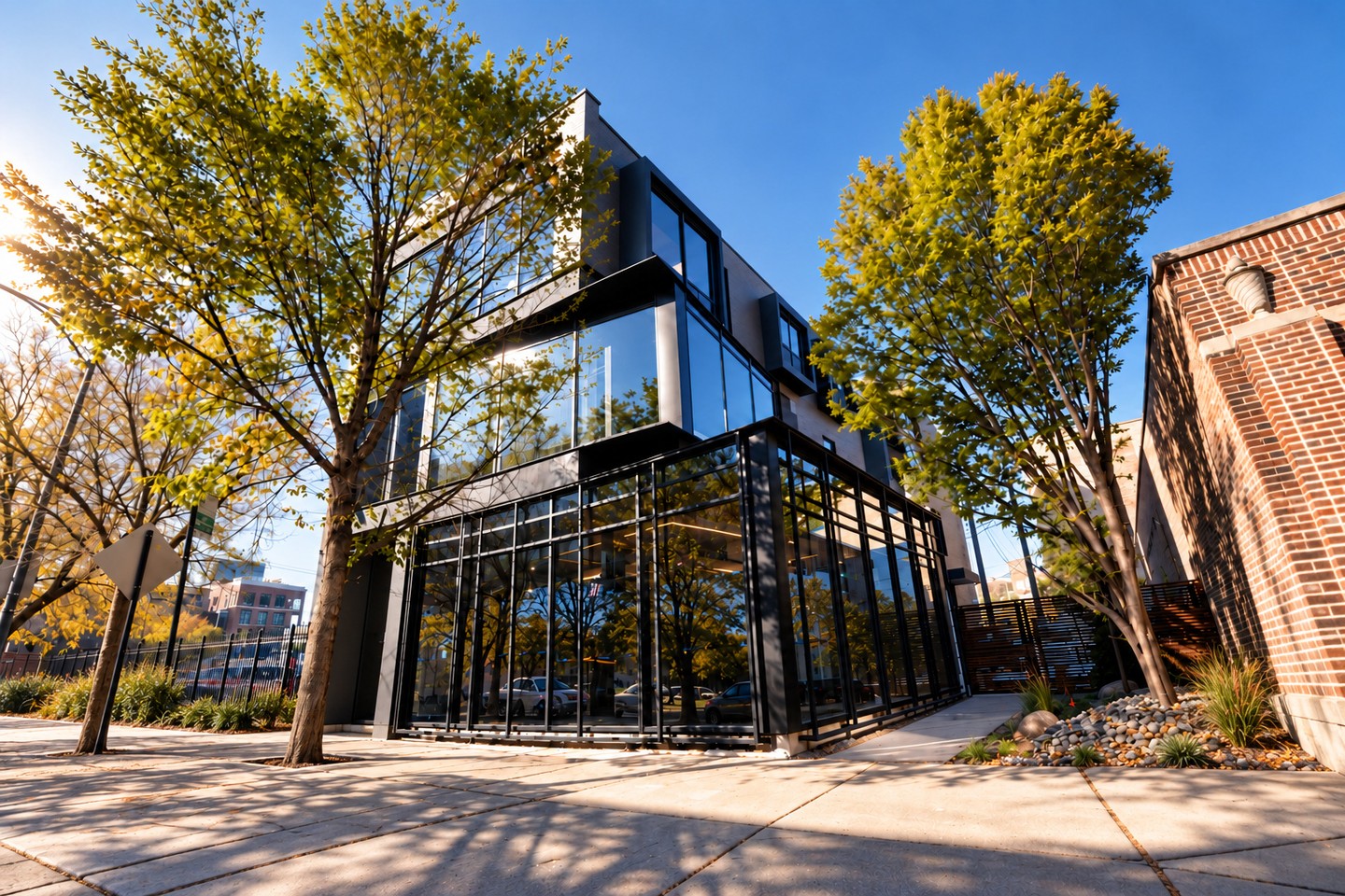 The glass corner of the A Ma Maniere Chicago building seen from the sidewalk through two yellow-green trees