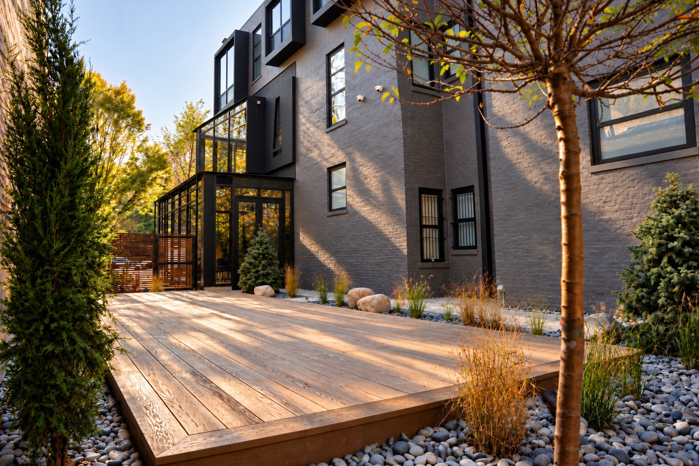 A wooden patio deck beside the A Ma Maniere Chicago building, ringed by ornamental grasses, river stones and evergreens in late-day sun