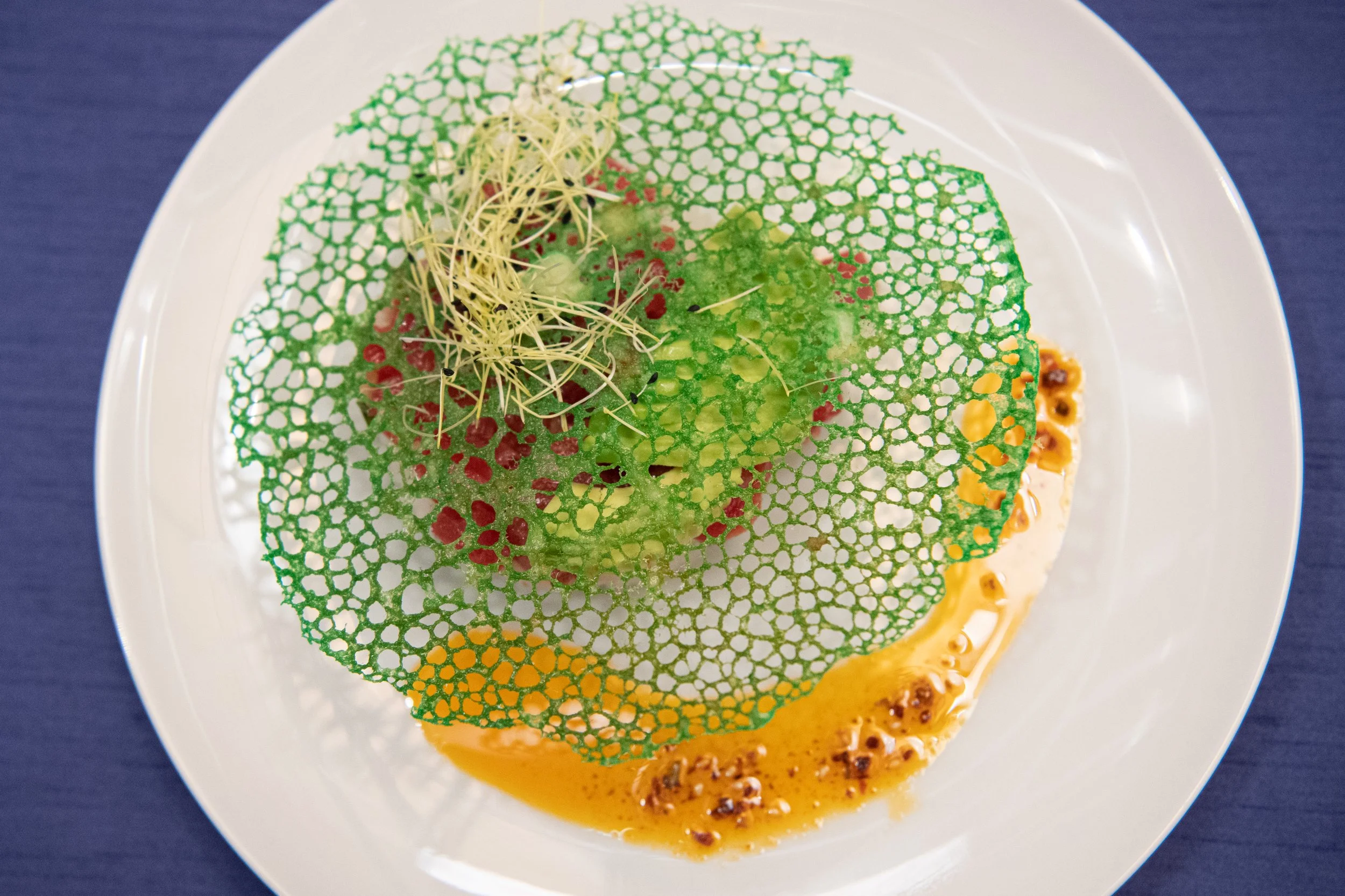 Tuna poke under a lacy green tuile with a saffron orange sauce, a tasting course at Celebrity Chef Ball Chicago