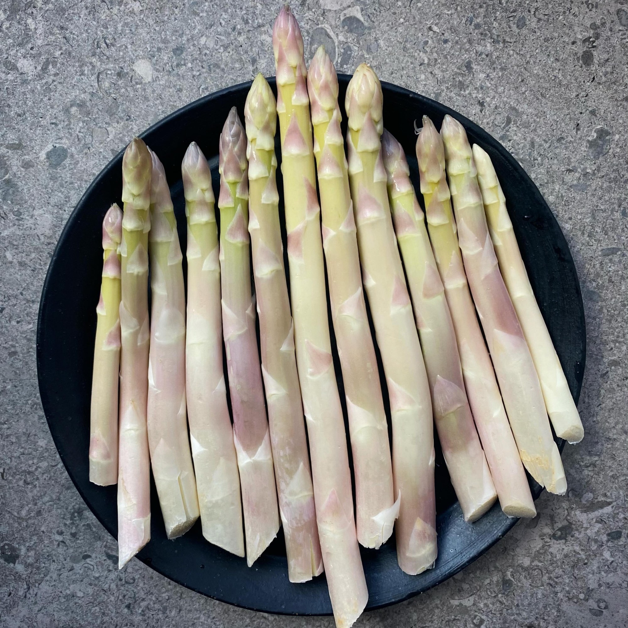 Fresh white asparagus grown for Feld Chicago by Flatwater Farms laid on a dark plate