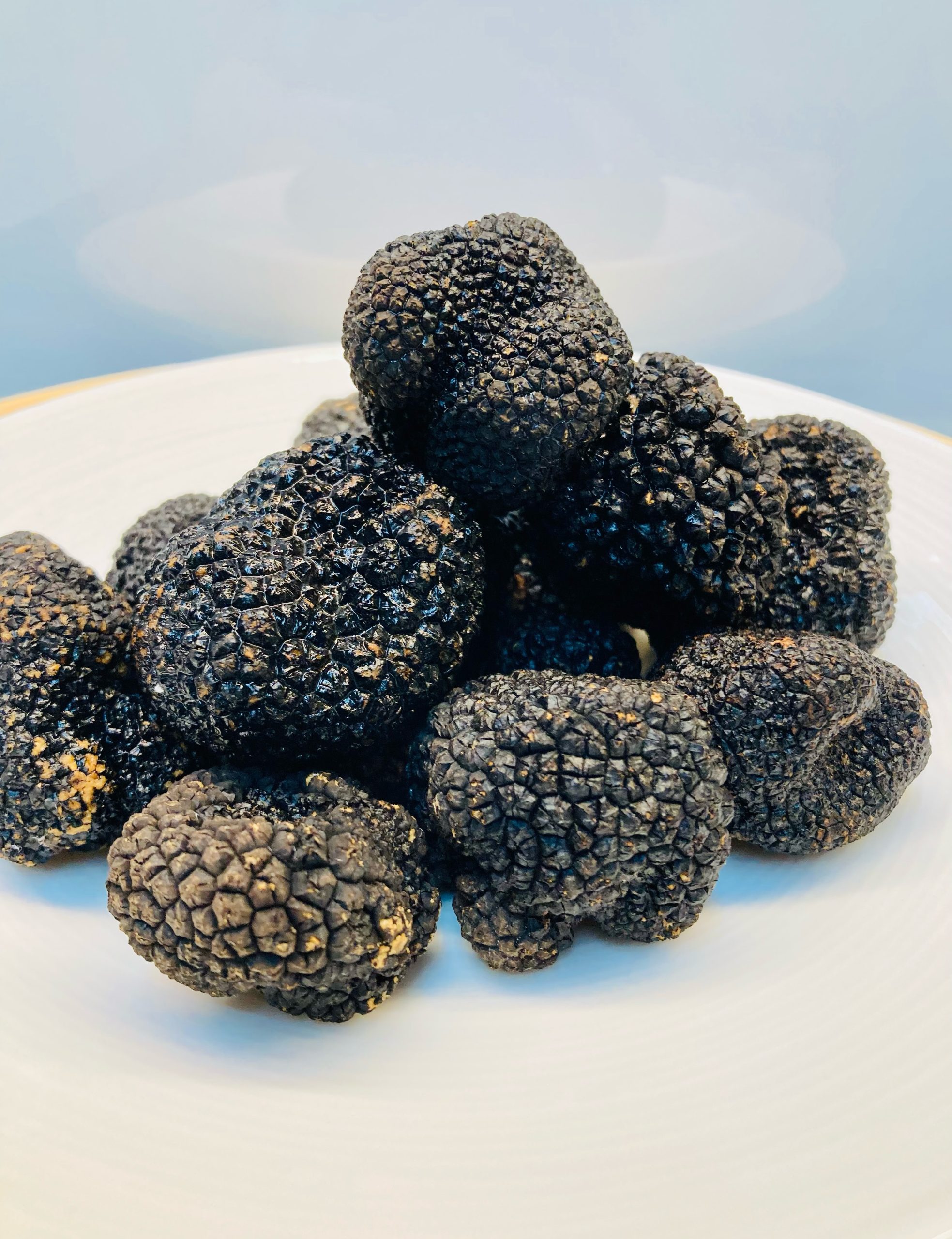 Goosefoot Chicago whole black Burgundy truffles on a white plate