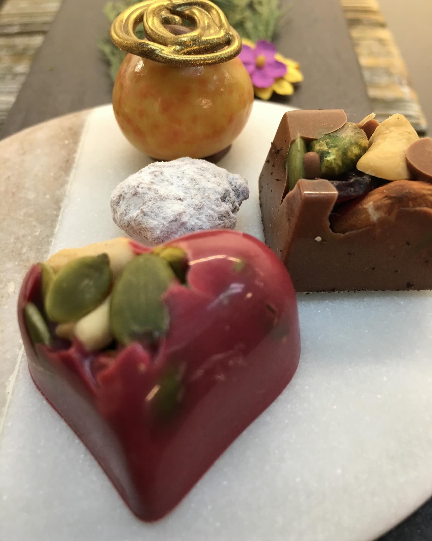 Goosefoot Chicago house chocolates and mignardises on marble board