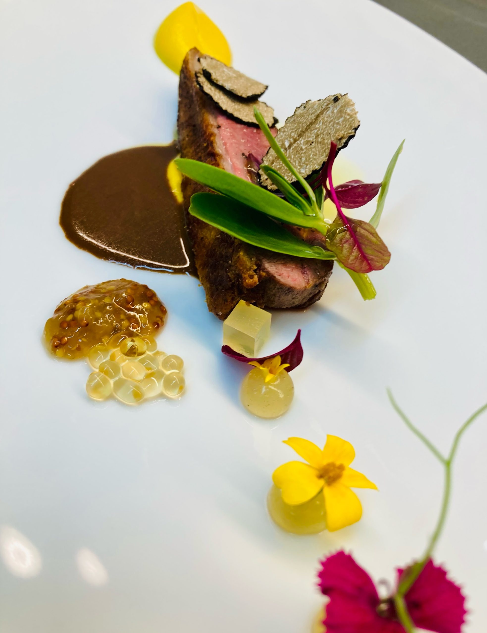 Goosefoot Chicago roasted duck breast course with black truffle and autumn garnishes