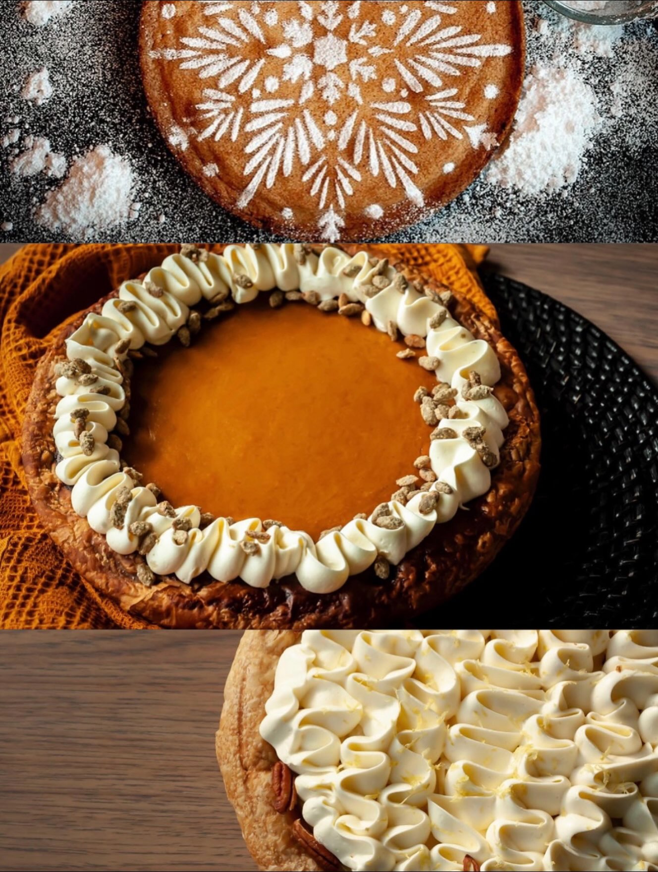Three Kasama holiday pies, one with a stenciled sugar top, one pumpkin and one piped with cream
