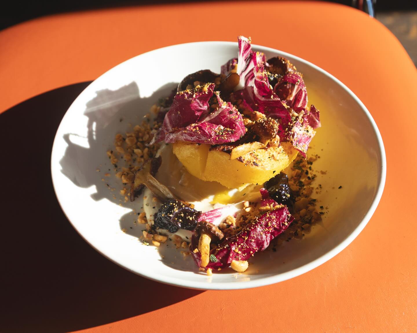 Roasted acorn squash with radicchio, chestnut mushrooms and hazelnuts in a white bowl on an orange table at Lula Cafe