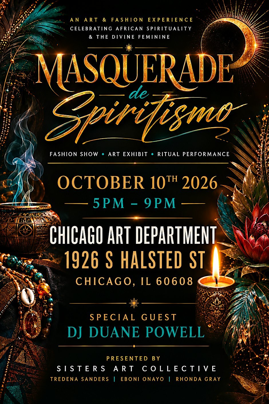 Masquerade de Spiritismo art and fashion night poster for Chicago Art Department on October 10