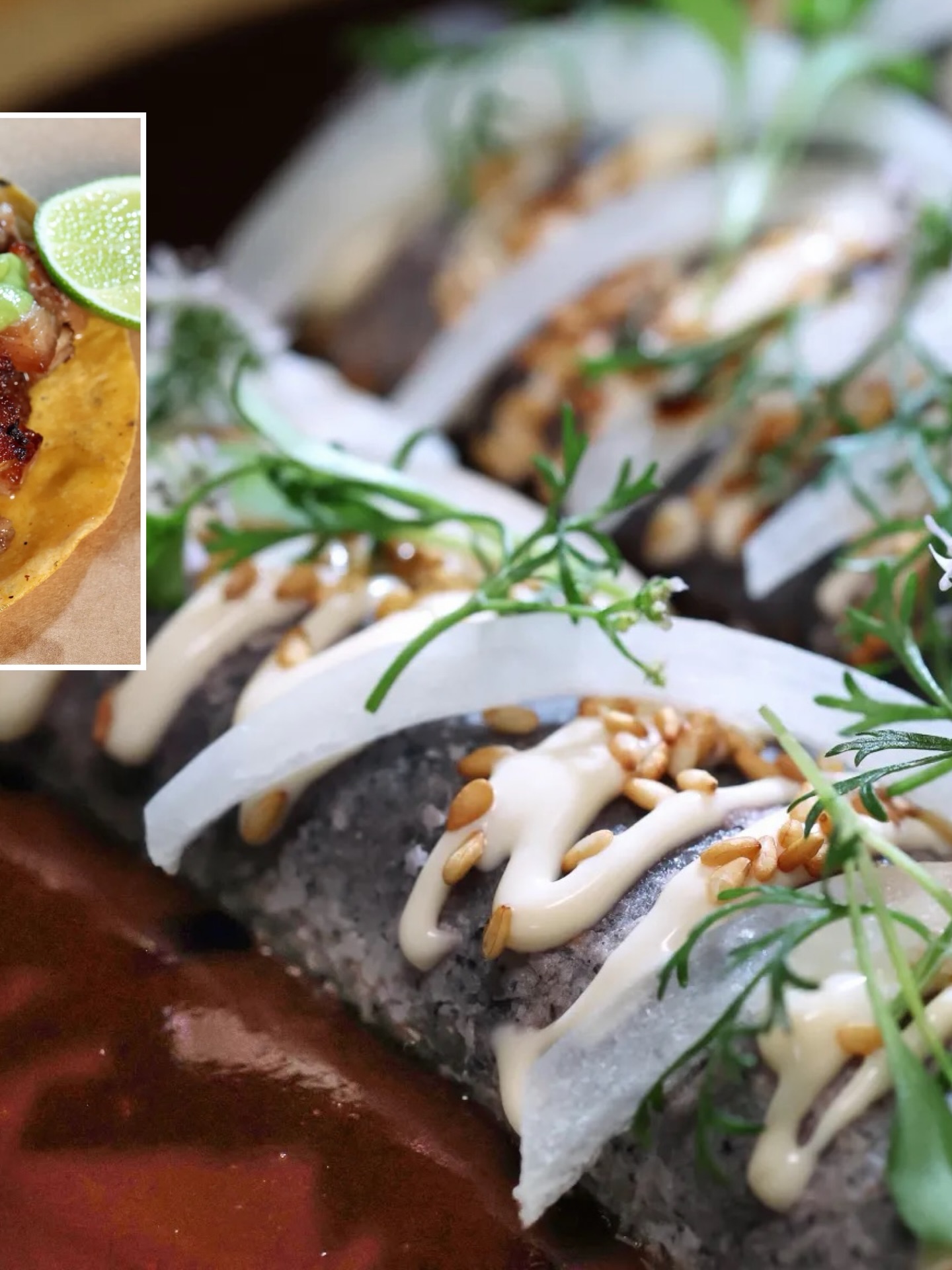 Molino Los Hermanos Chicago blue corn enmoladas in mole with suadero taco inset