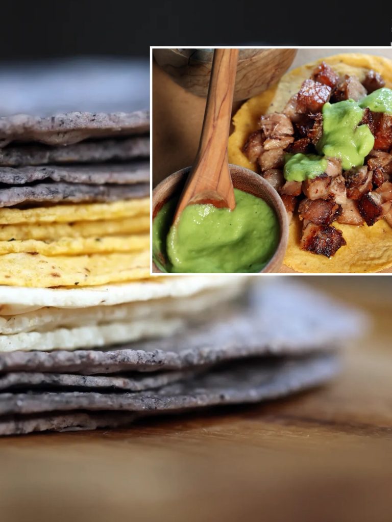 Molino Los Hermanos Chicago stack of blue yellow and white heirloom corn tortillas with suadero taco