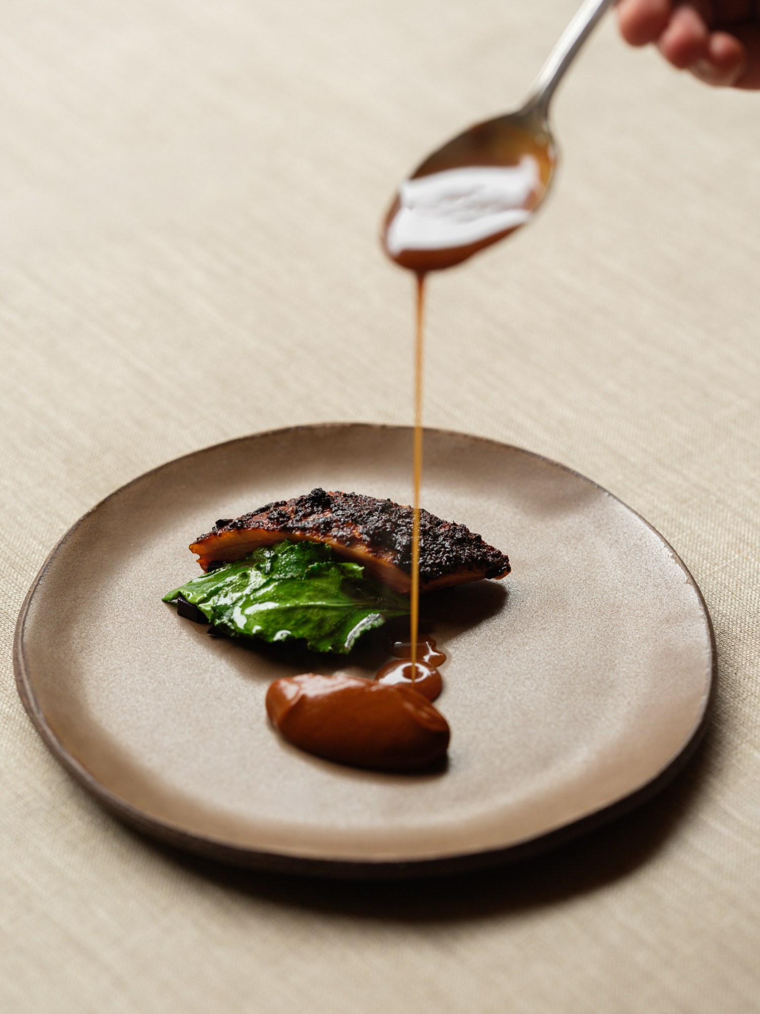 A spoon pouring glossy duck glaze over dry-aged duck and mole on a brown ceramic plate