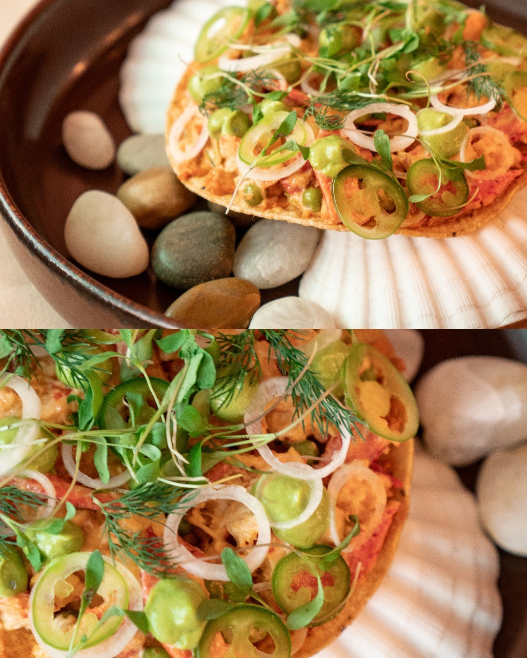 Two close views of a lobster tostada topped with sliced jalapeno, shaved onion, herbs and green sauce