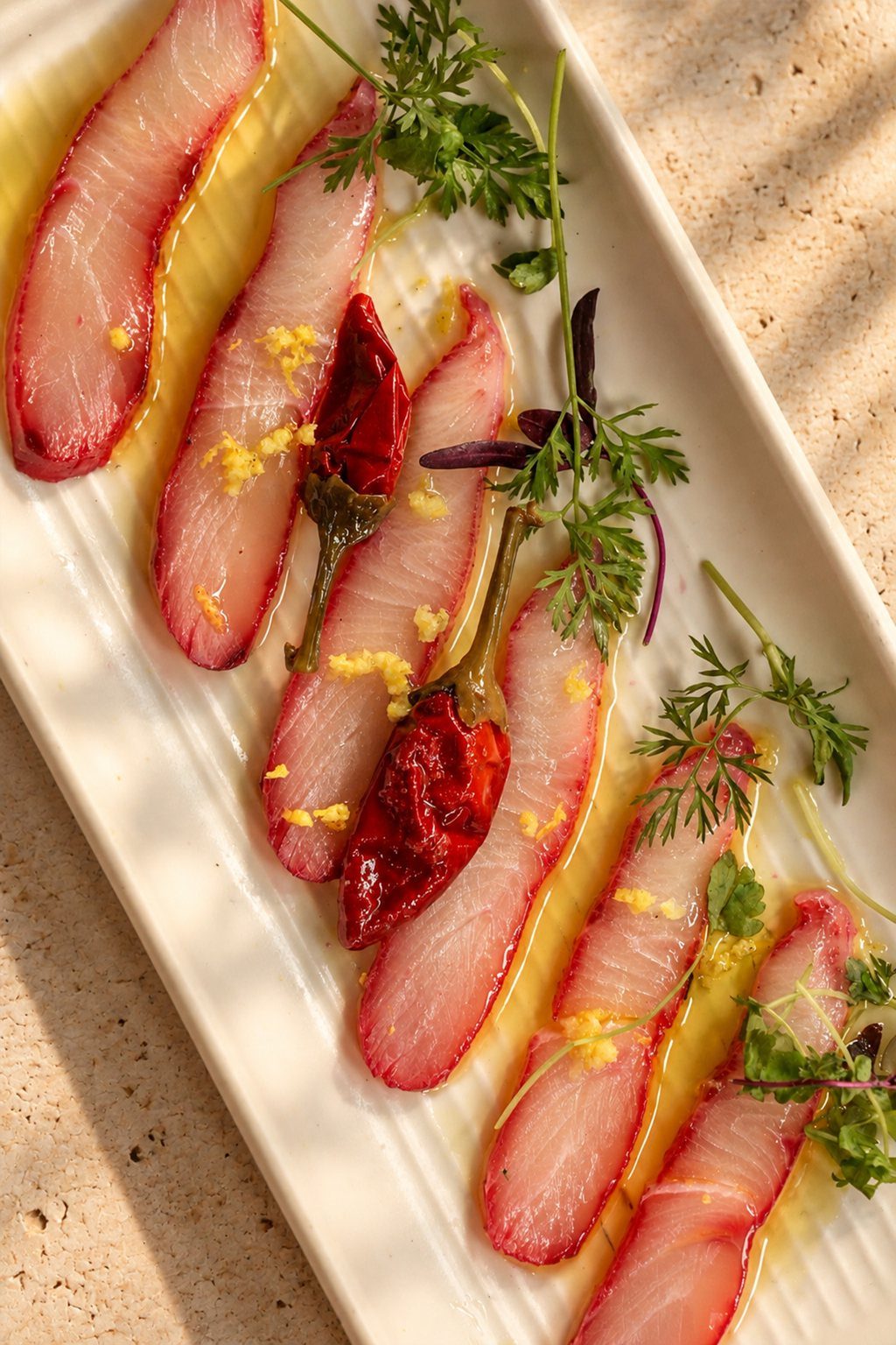Nisi Greek Grill Rosemont beet-cured hamachi plated as a Greek seafood starter