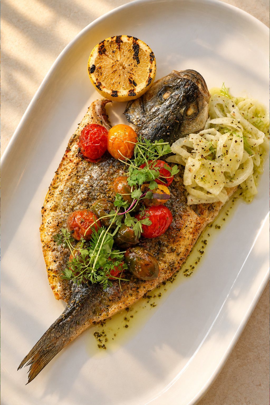 Nisi Greek Grill Rosemont whole grilled branzino plated with lemon and herbs