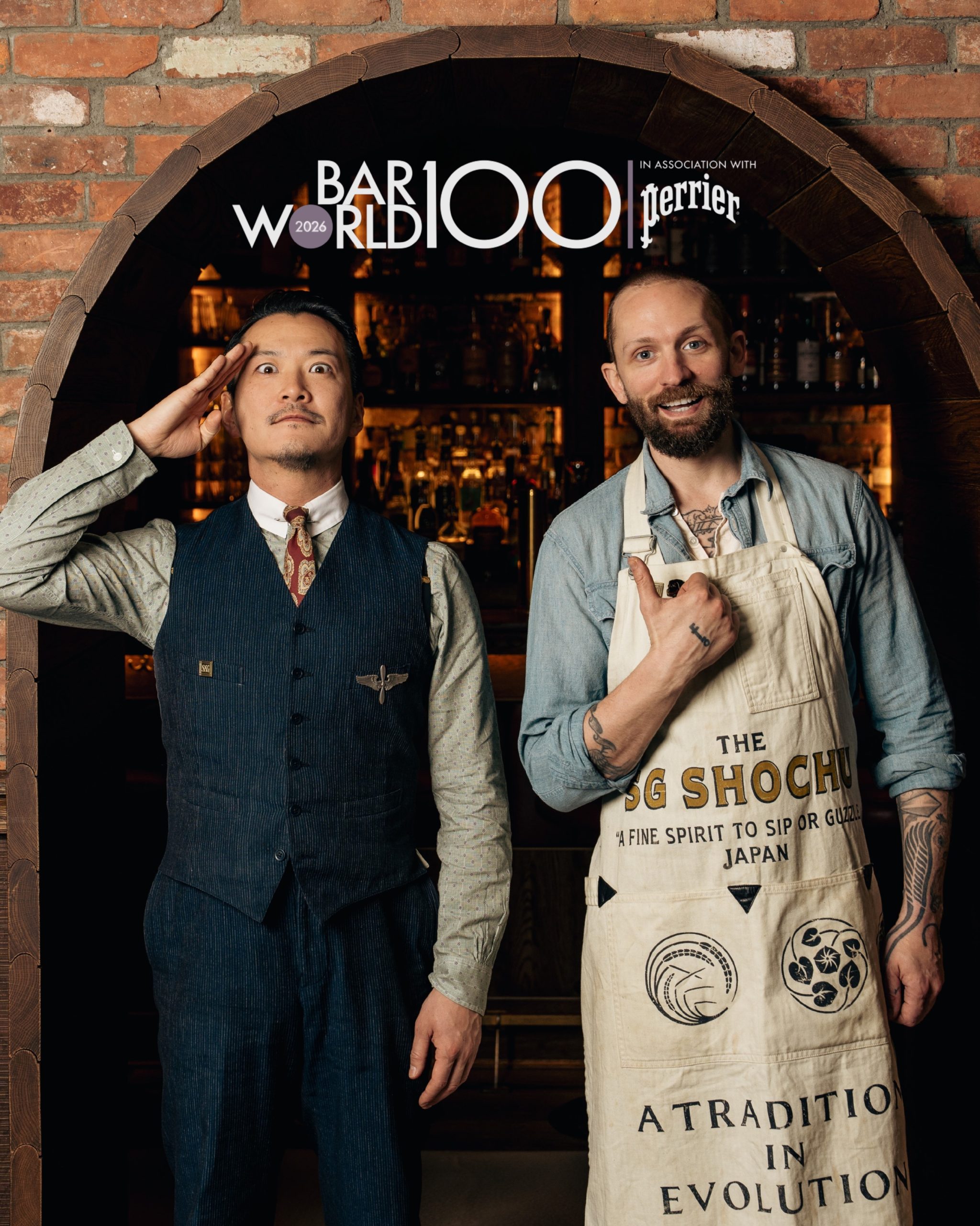 Sip & Guzzle co-founders Shingo Gokan and Steve Schneider in front of the bar