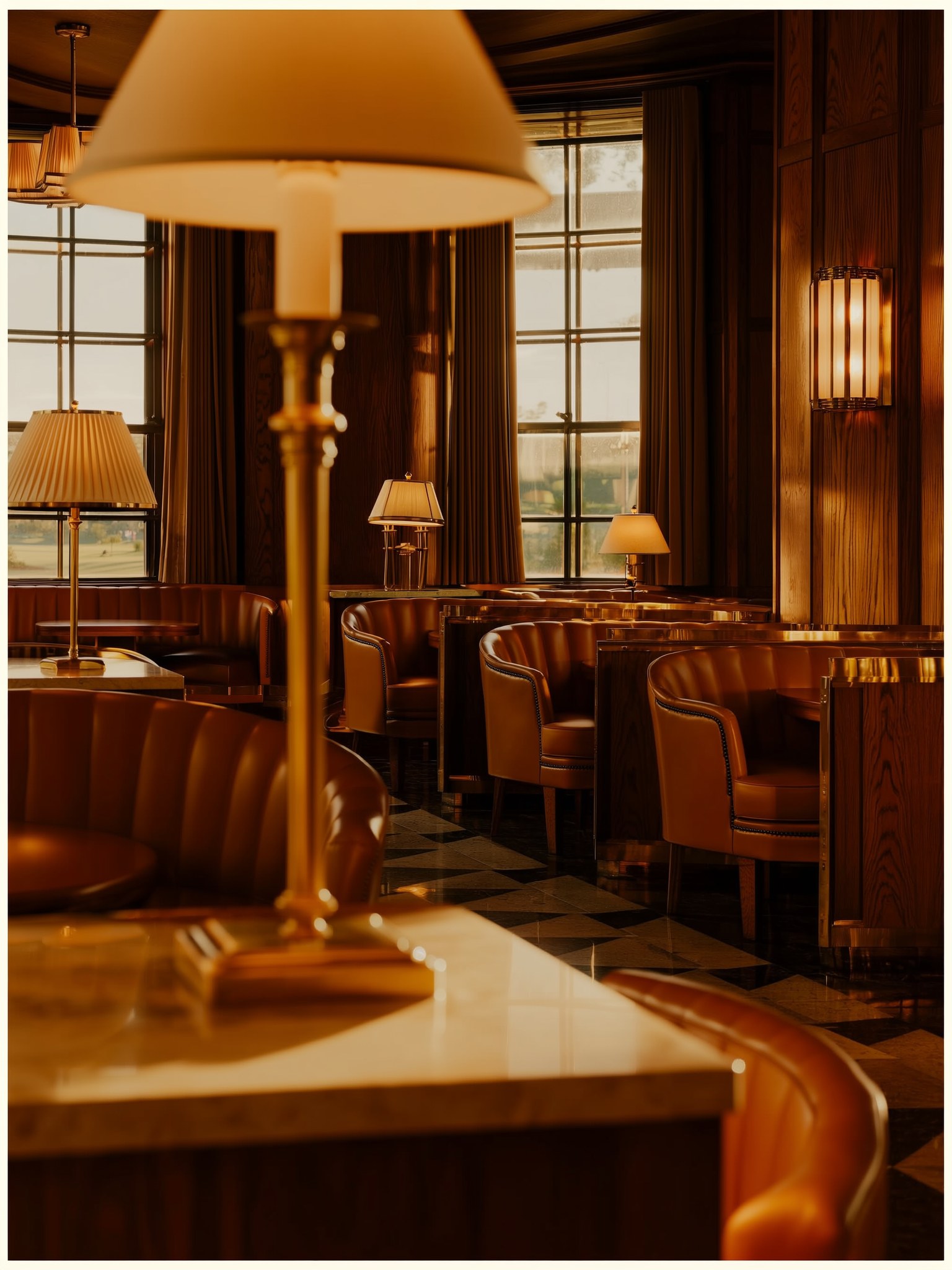 Curved leather booths, brass table lamps and wood paneling in the clubhouse lounge at The Wayman Chicago