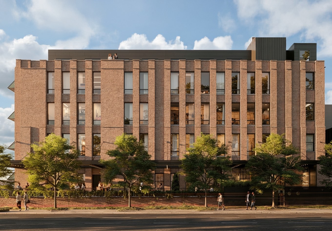 Brick facade rendering of The Wayman Chicago on Wayman Street with sidewalk trees and a ground-floor patio