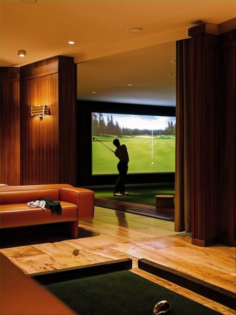 Indoor golf simulator bay with a player swinging toward a projected fairway beside a wood-paneled lounge at The Wayman Chicago